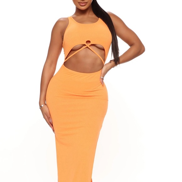NWT Cut Out Ribbed High Slit Maxi Dress - Orange - Large - Picture 4 of 4